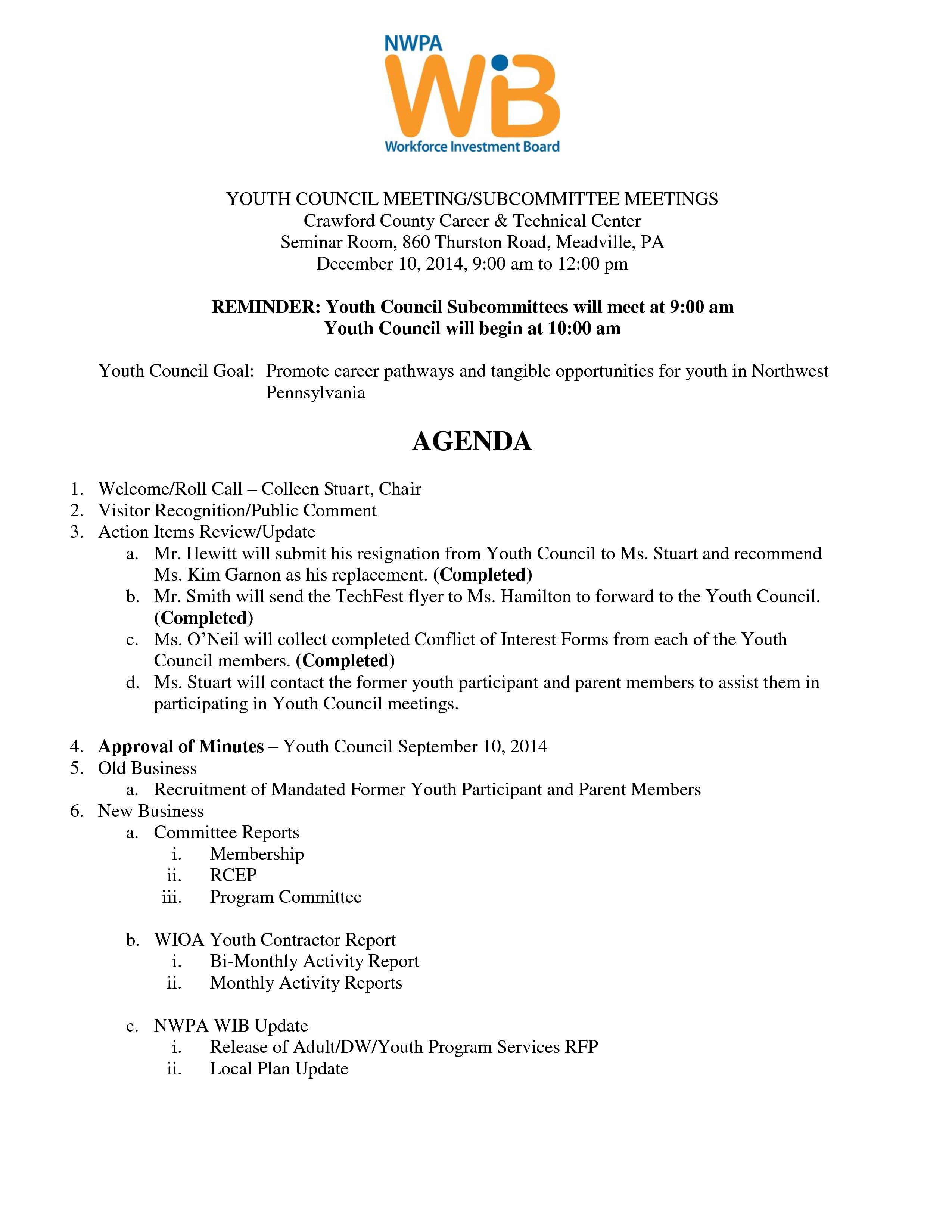Youth Council Agenda 12-10-14
